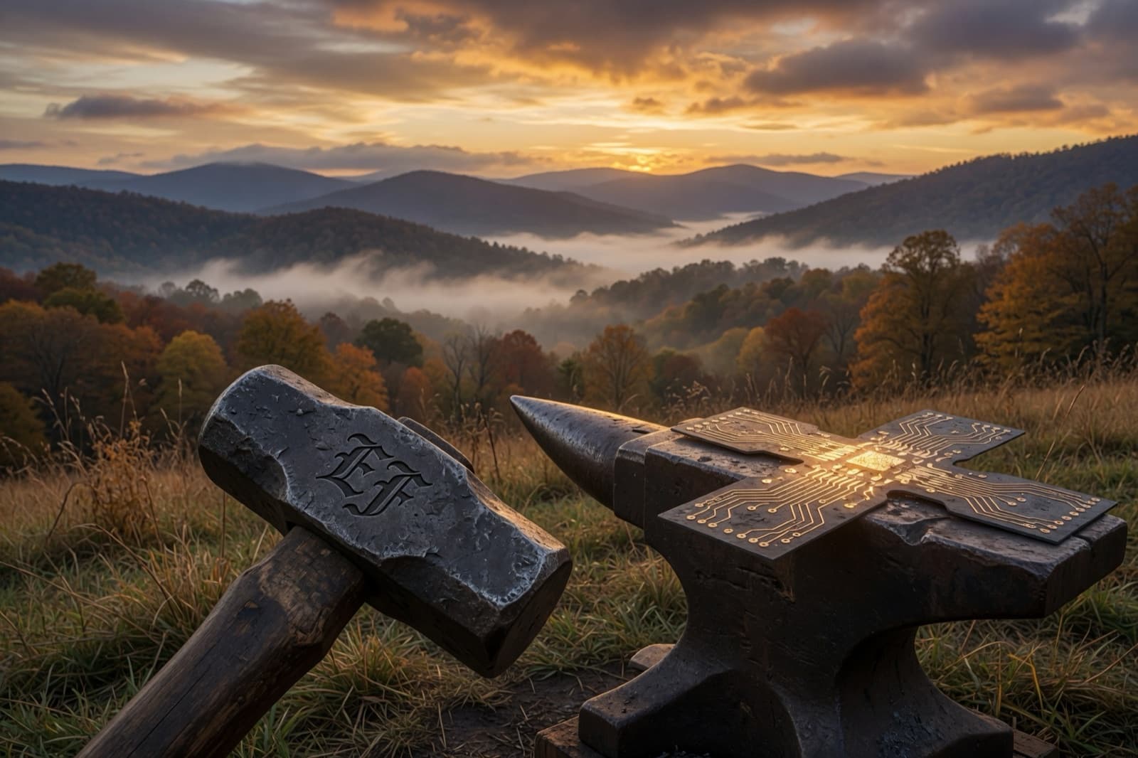 Stylized hammer and anvil overlooking West Virginia mountain ridges